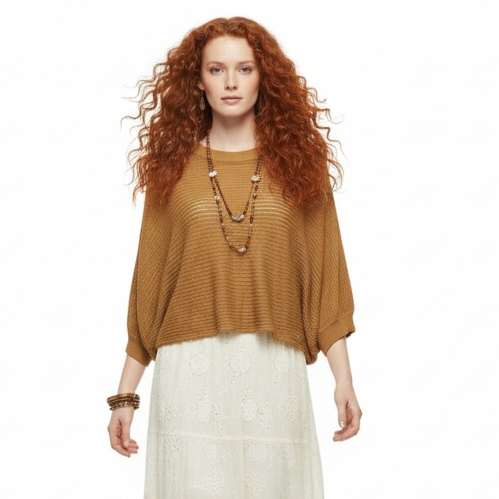 DIADORA Luxe Collection Ribbed Knit Cropped Batwing Mustard Gold Sweater Size M